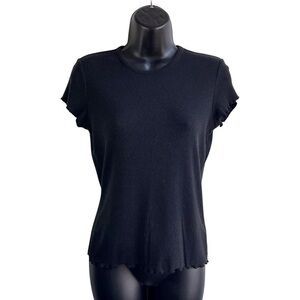 Rachel Zoe SzM Black Lettuce Edge, Cap Sleeve Ribbed Top, Pullover Crew Neck